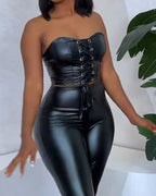 Women's Form-Fitting Faux Leather Hot Pant Suit with Lace-Up Details
