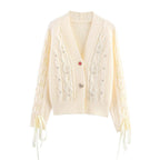 Women's Elegant Cardigan with Decorative Buttons and Ruffle Details