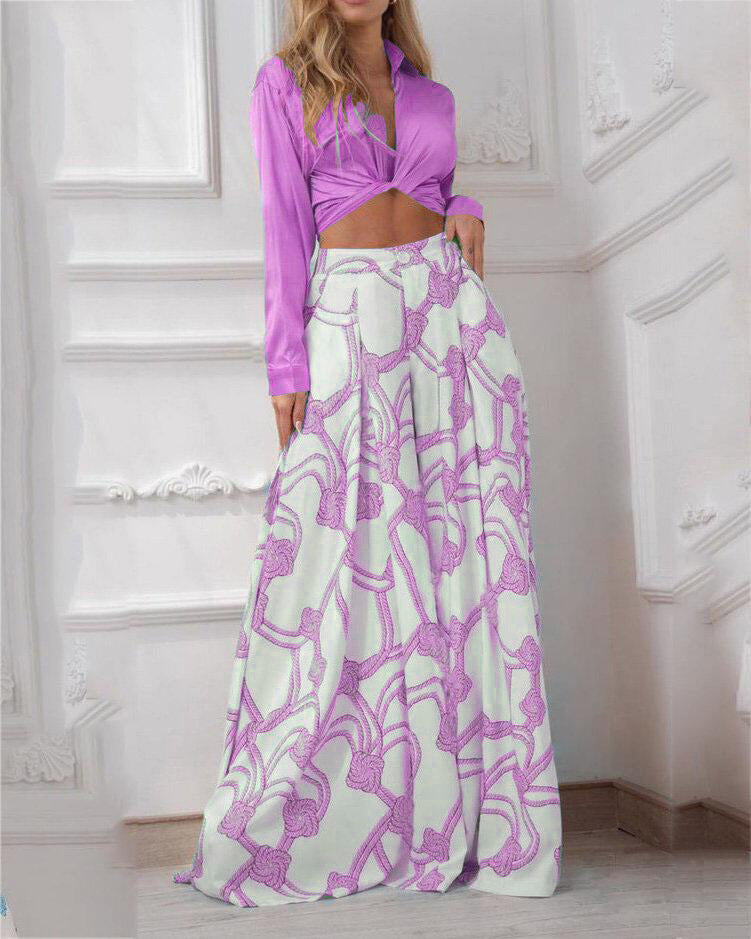 Women's Elegant Long-Sleeve Wrap Top and Maxi Skirt