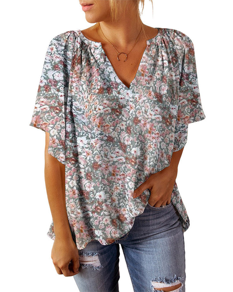 Women's Airy V-Neck Blouse with Floral Pattern