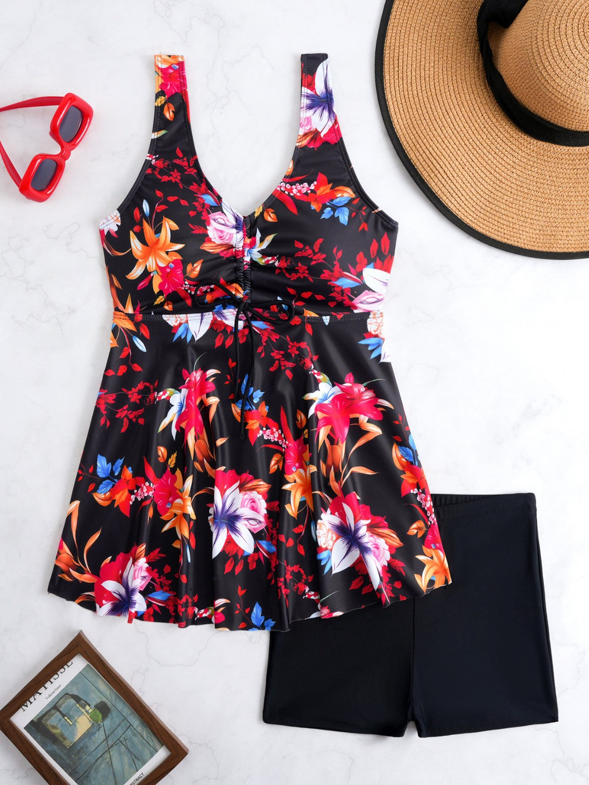 Women's Swimsuit with Adjustable Drawstring and Floral Design