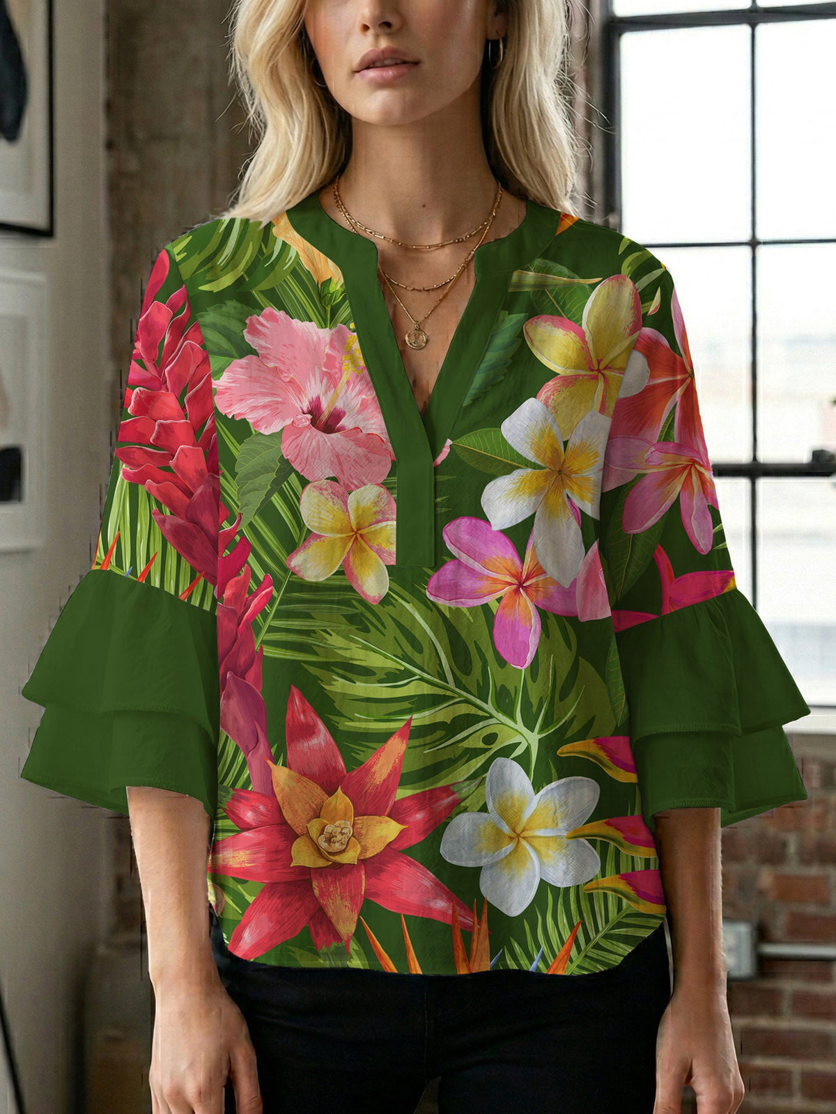 Women's Floral Blouse with Voluminous Sleeves