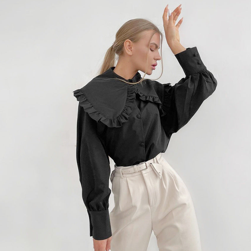 Elegant Blouse with Decorative Ruffle Collar and Puff Sleeves