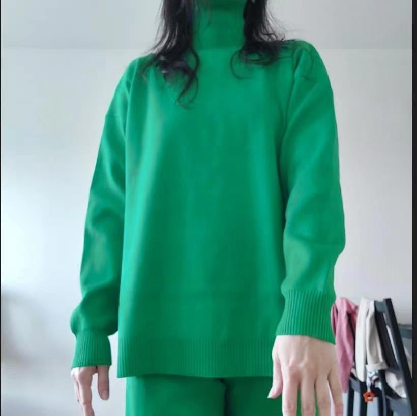Casual Knit Set with High Collar and Wide Leg