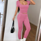 Women's Figure-Hugging Sport Set with Short-Sleeve Top and High-Waisted Leggings