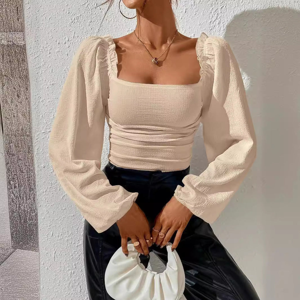 Women's Top with Puff Sleeves and Elegant Ruffle Design