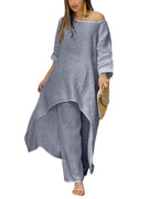Women's Casual Linen Look Two-Piece with Asymmetrical Long Tunic and Wide Palazzo Pants