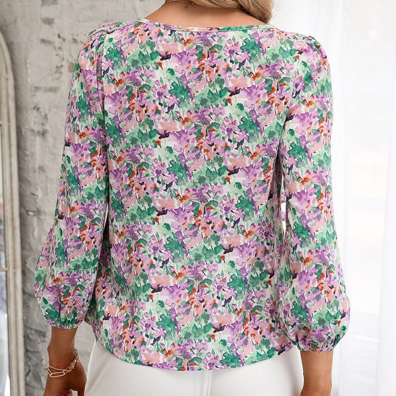 Women's Blouse with Ruffles and Floral Pattern