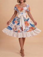 Women's A-Line Dress with Floral Motifs and Adjustable Belt
