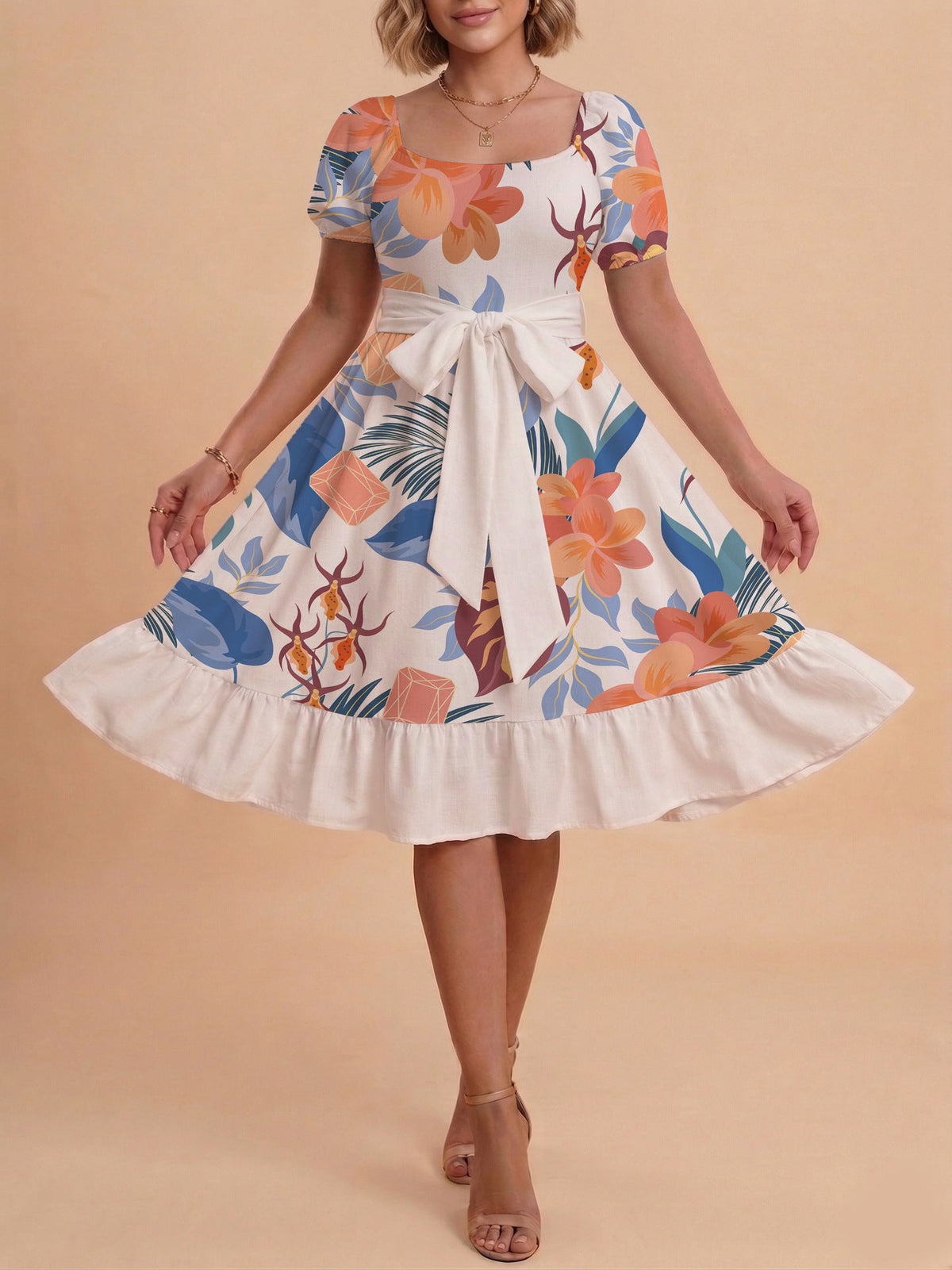 Women's A-Line Dress with Floral Motifs and Adjustable Belt