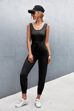 Women's Casual Jumpsuit with Adjustable Waist Drawstring and Slim Cuffs