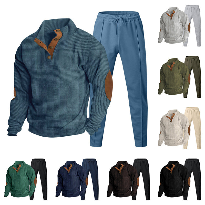 Men's Structured Henley Loungewear Set with Elbow Patches & Tapered Jogger Pants