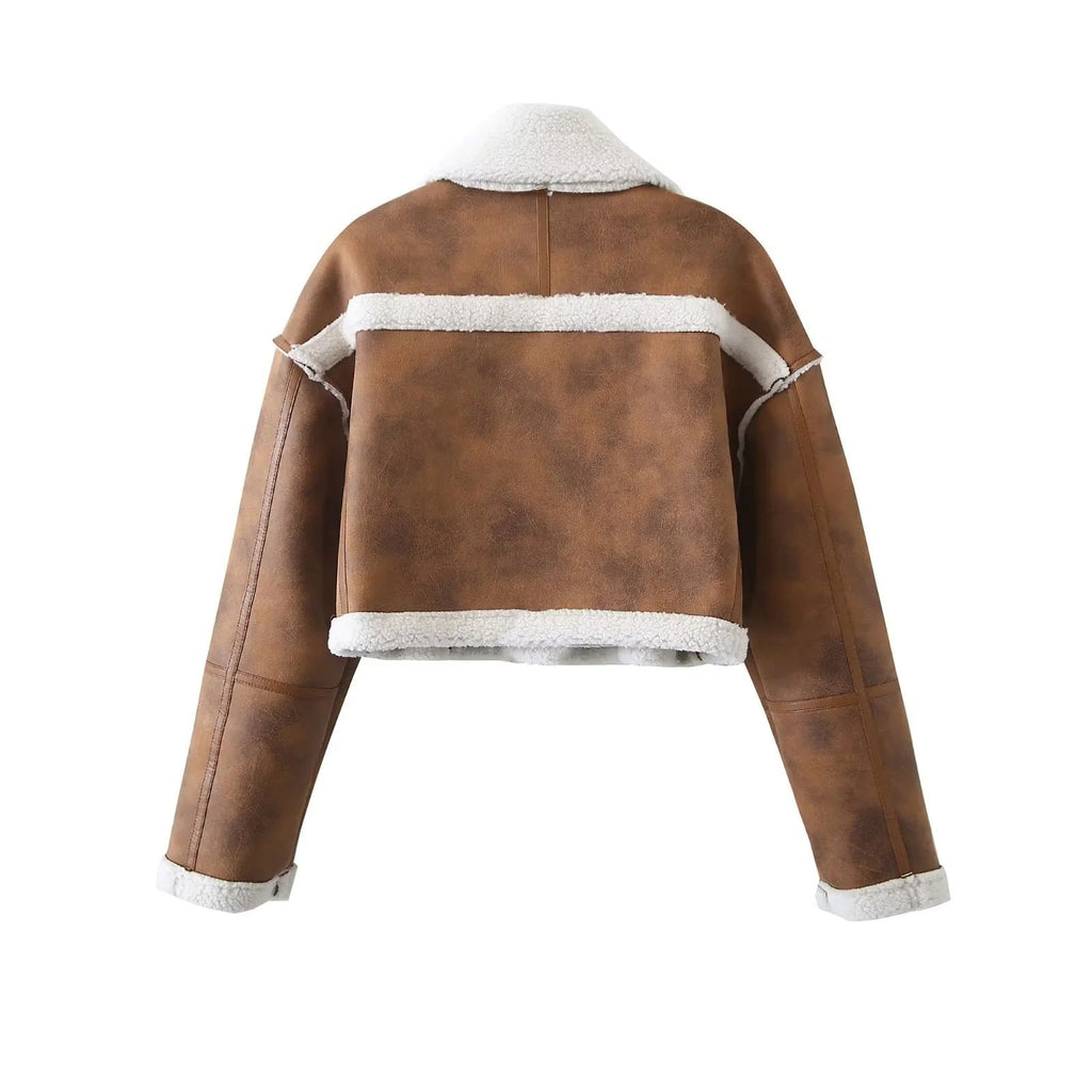 Women's Cropped Faux Leather Jacket with Cozy Teddy Lining and Practical Pockets