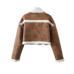 Women's Cropped Faux Leather Jacket with Cozy Teddy Lining and Practical Pockets