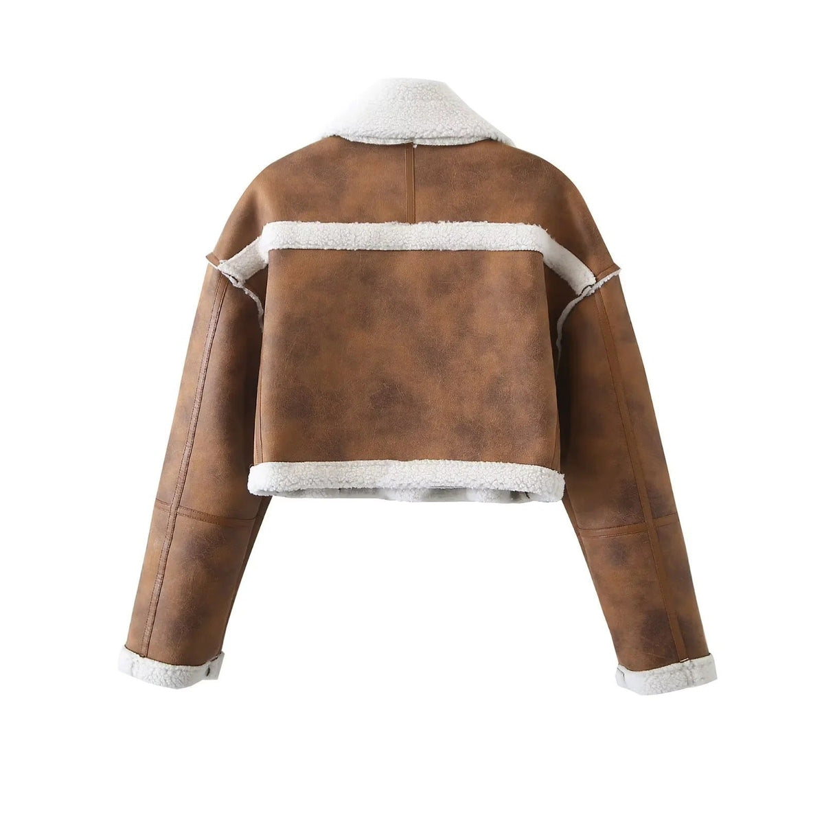 Women's Cropped Faux Leather Jacket with Cozy Teddy Lining and Practical Pockets
