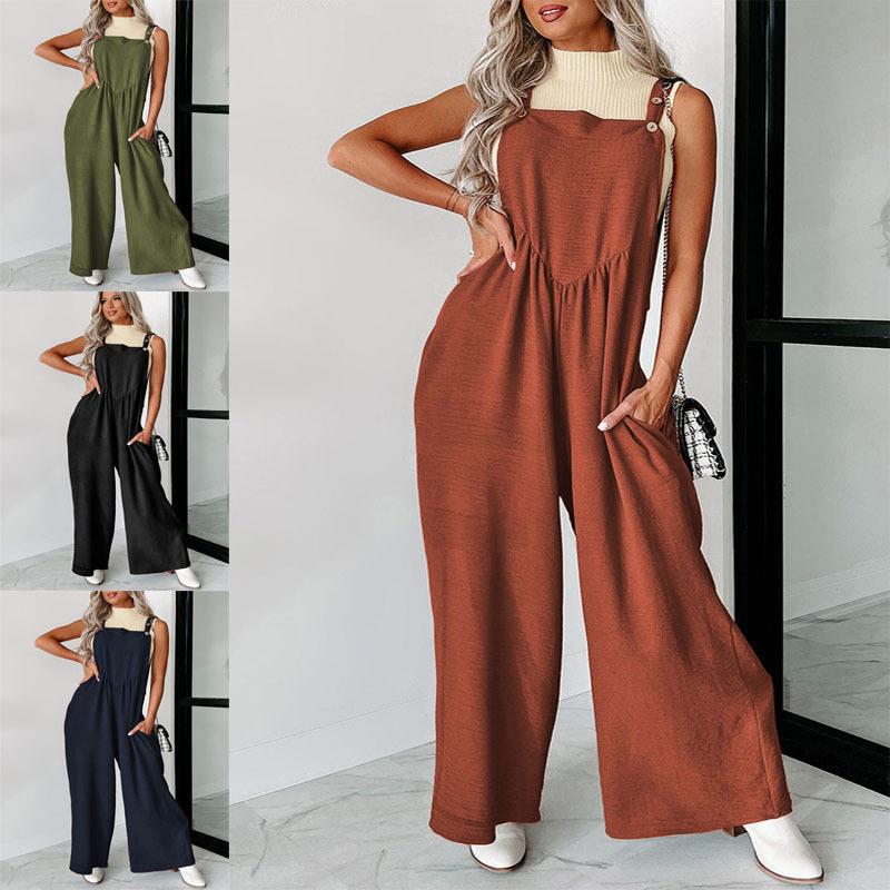 Women's Casual Wide-Leg Jumpsuit with Decorative Button Details