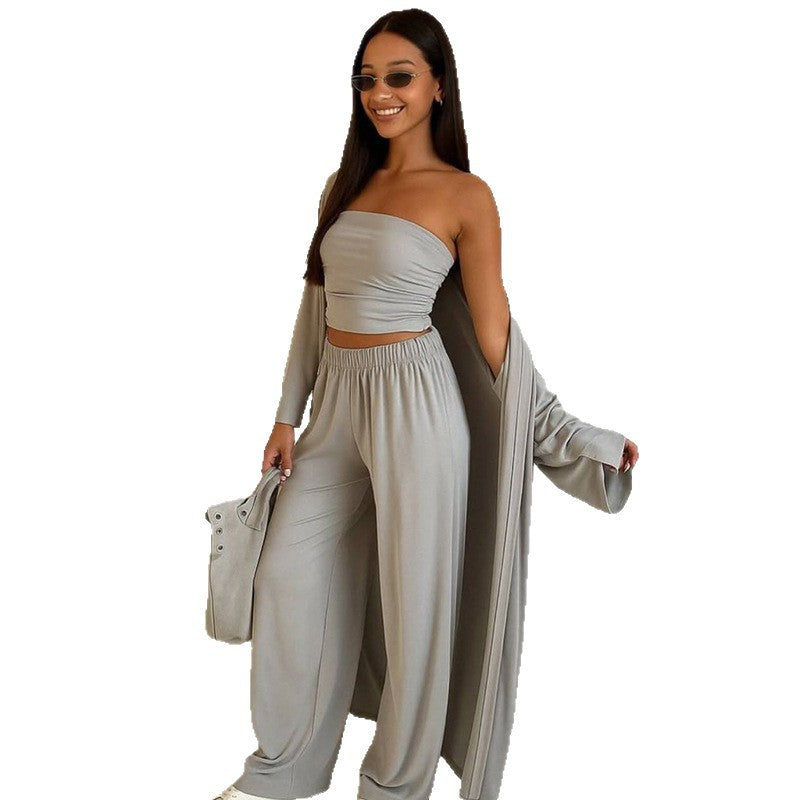 Women's Elegant 3-Piece Set with Wide-Leg Trousers and Fitted Top