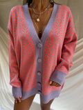 Women's Chunky Knit Cardigan with V-Neck and Pattern
