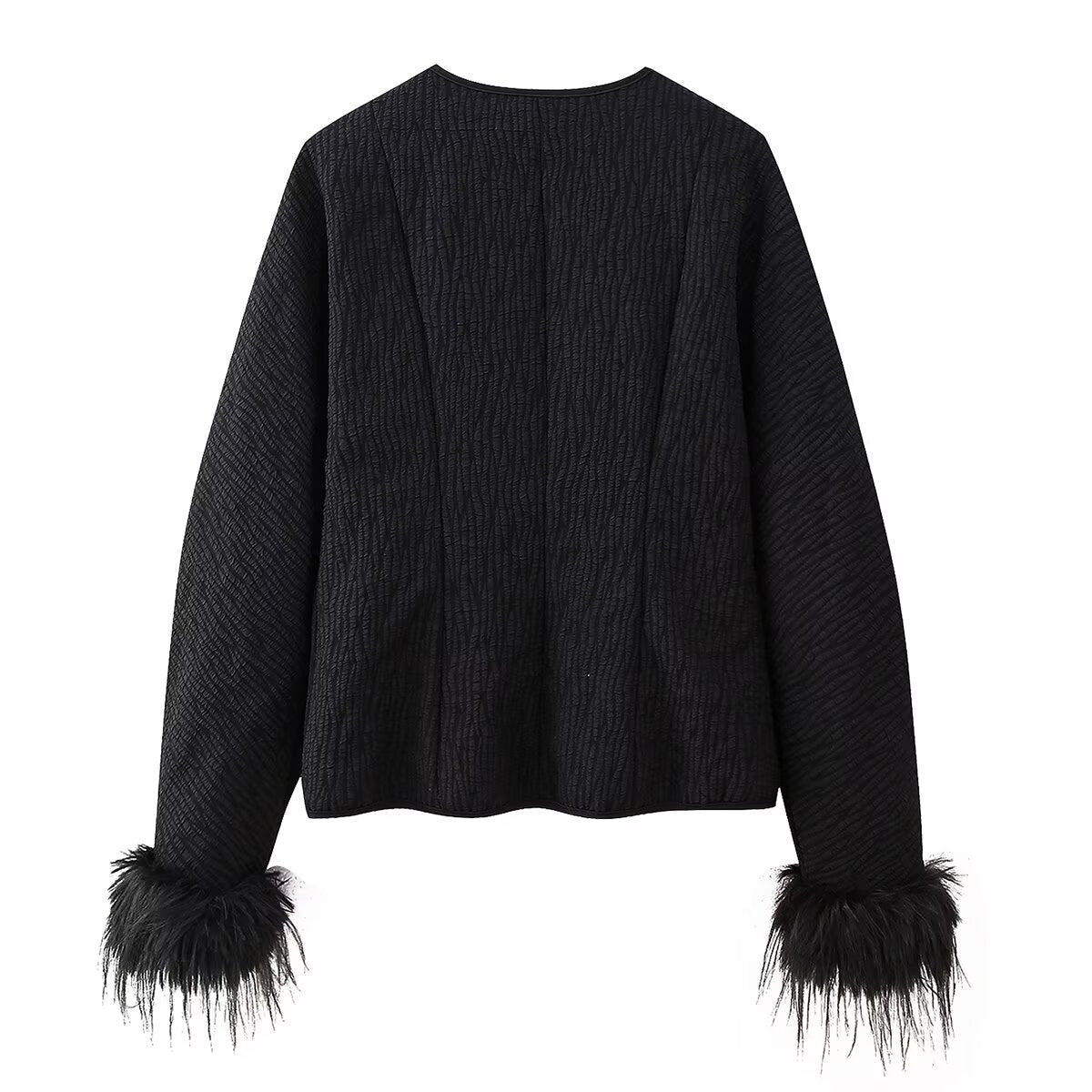 Elegant Quilted Jacket with Ruffle Details and High Collar