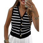 Women's Sleeveless Knit Vest with Button Details and Striped Pattern