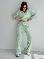 Women's Elegant Velour Lounge Set with Cropped Top and Wide-Leg Pants