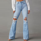 Women's Flared Jeans with Frayed Hem and Washed Effect