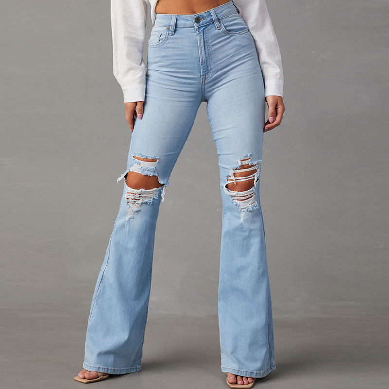 Women's Flared Jeans with Frayed Hem and Washed Effect