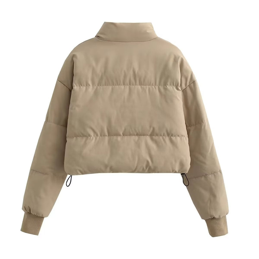 Women's Cropped Puffer Jacket with High Collar and Zipper Pockets