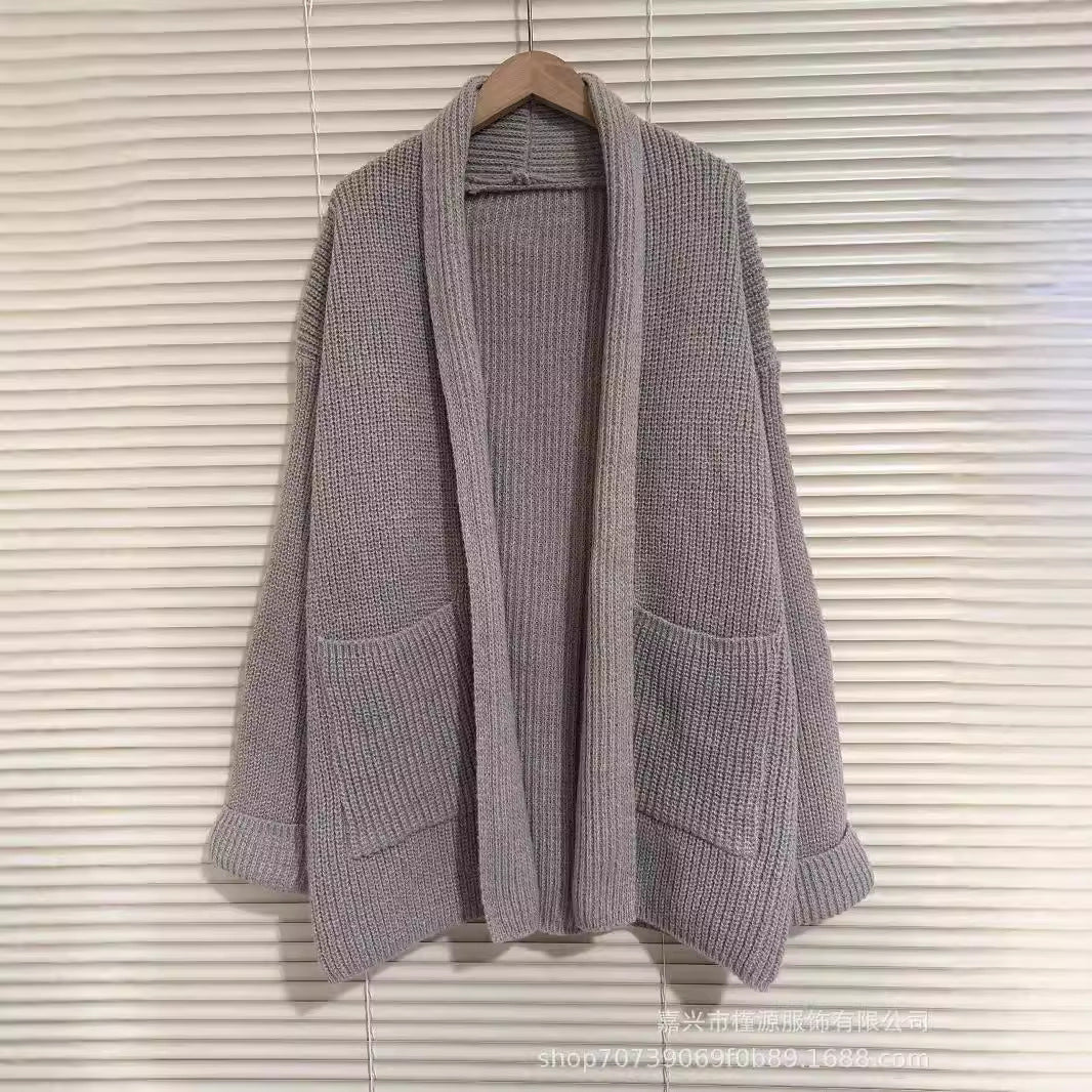 Women's Chunky Knit Cardigan with Elegant Lapels and Waist Belt