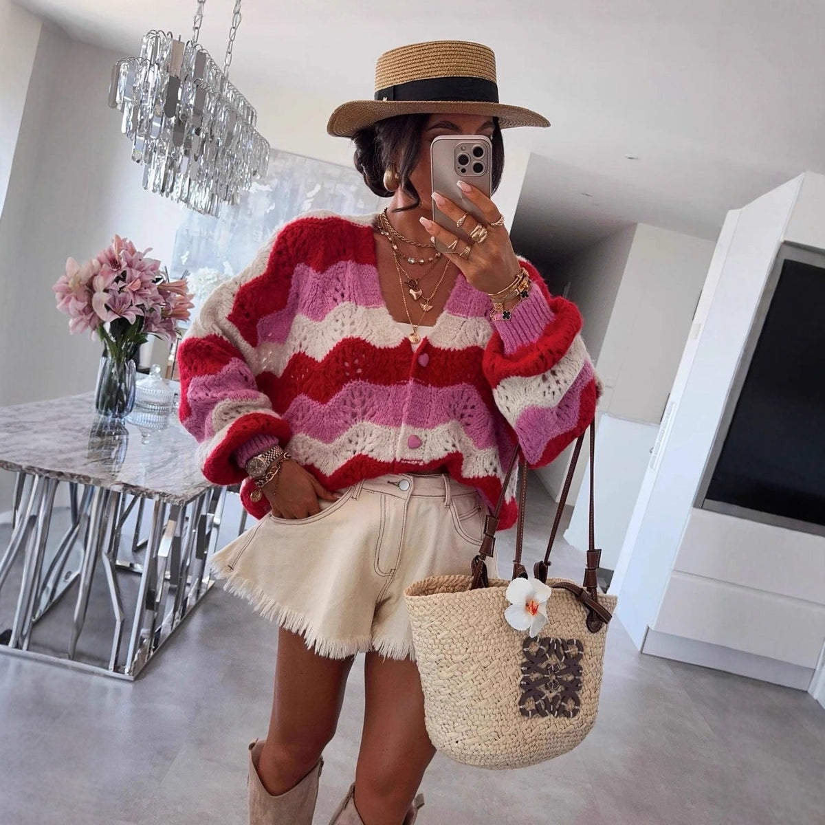 Women's Cozy Knit Cardigan with Wave Pattern