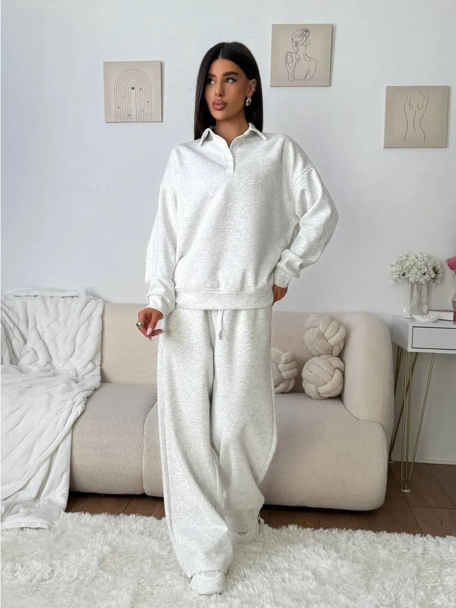 Women's wide Polo lounge set with elastic drawstring waistband and wide-leg jogging pants