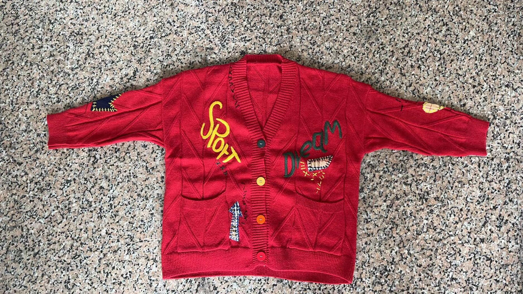 Women's Patterned Knit Cardigan with Unique Embroidery and Colorful Buttons