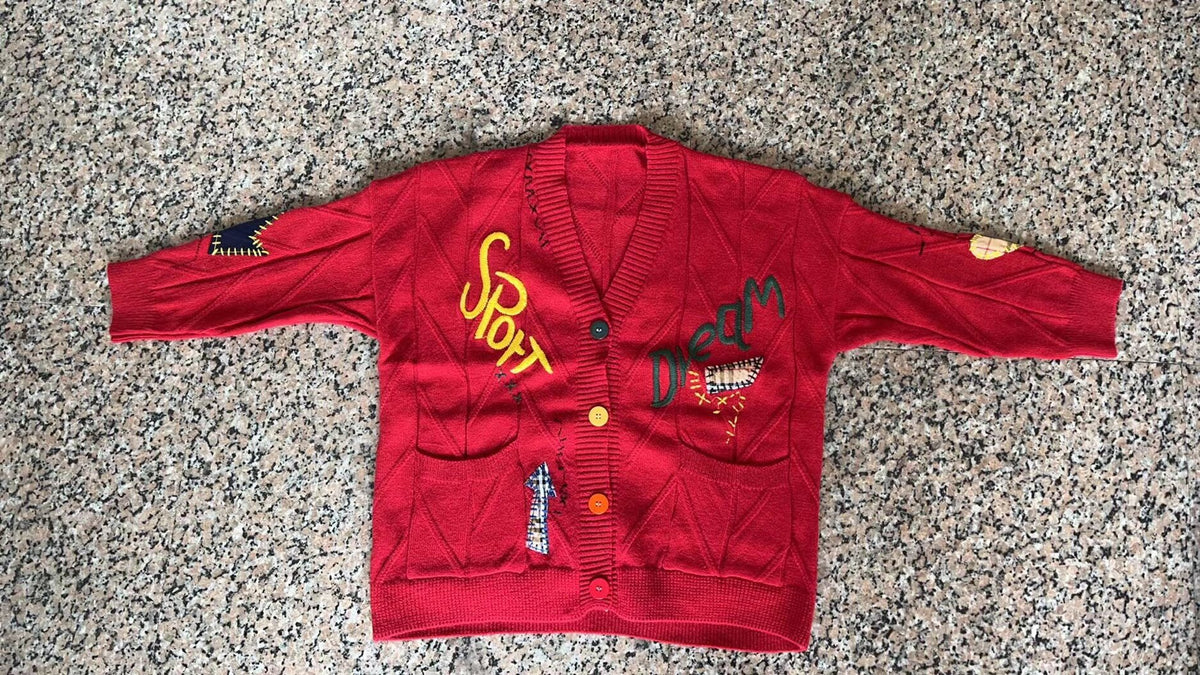 Women's Patterned Knit Cardigan with Unique Embroidery and Colorful Buttons
