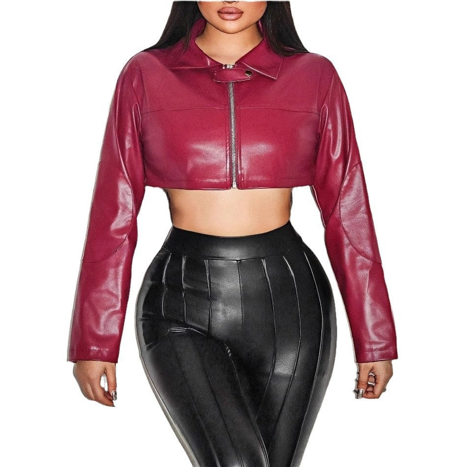 Women's Cropped Faux Leather Jacket with Innovative Zipper
