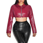 Women's Cropped Faux Leather Jacket with Innovative Zipper