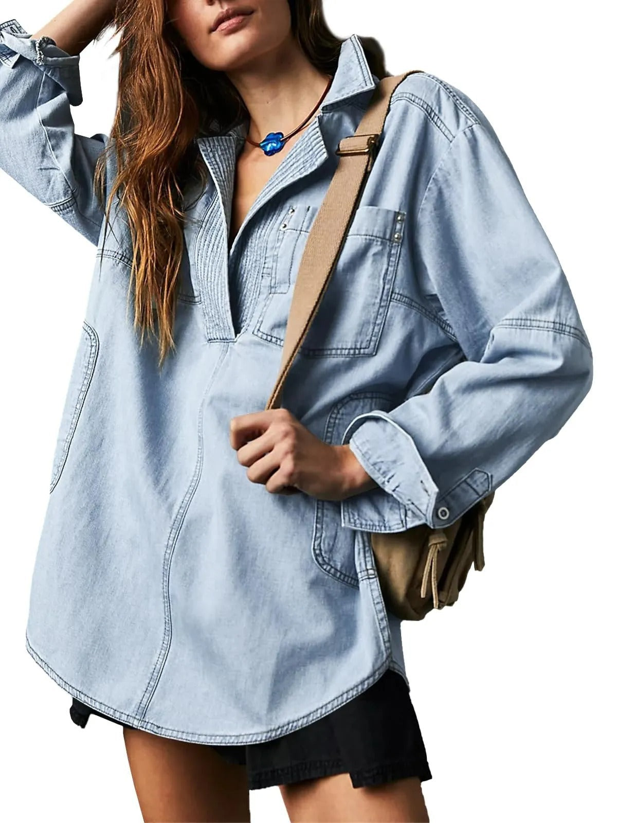 Women's Denim Shirt with Detailed Stitching
