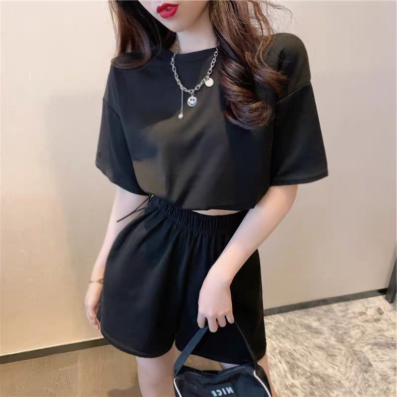 Women's Casual Suit with Round Neckline and Elastic Waistband