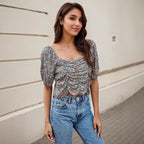 Women's Blouse with Floral Design and Ruched Detail