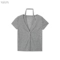 Women's Short-Sleeve Blouse with V-Neck and Tie Belt