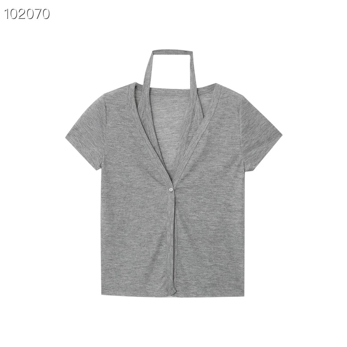 Women's Short-Sleeve Blouse with V-Neck and Tie Belt