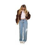 Women's Cropped Jacket with Faux Fur Collar