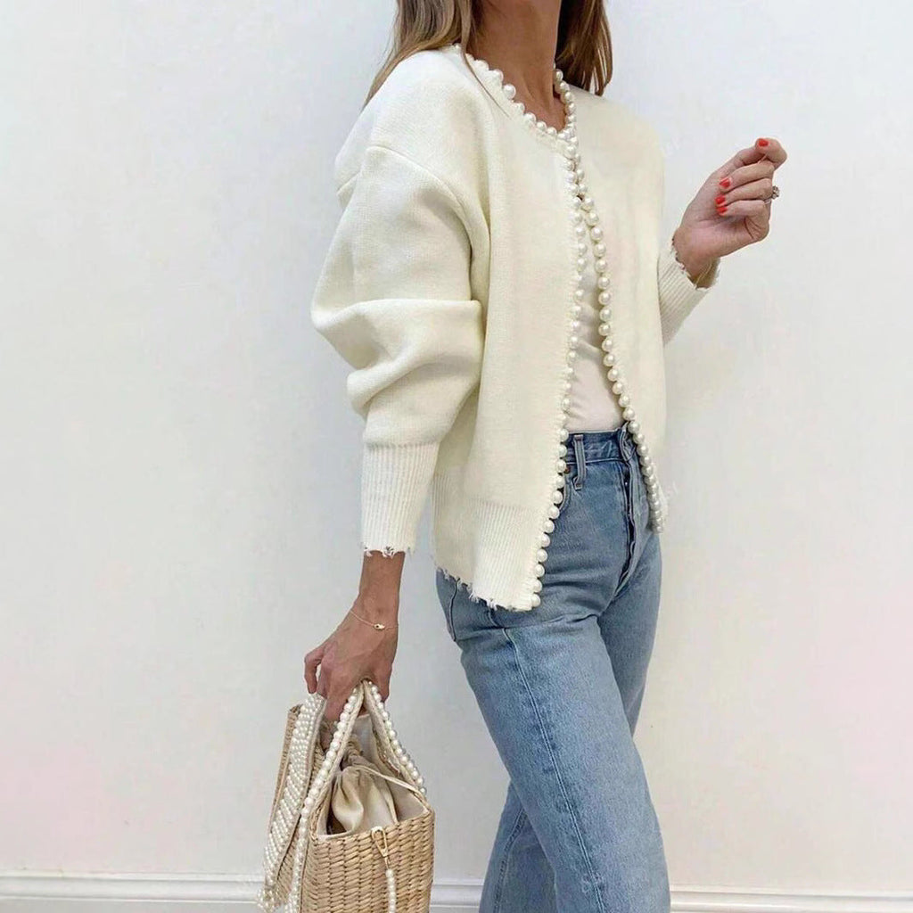 Women's Elegant Knit Cardigan with Pearl Embellishment