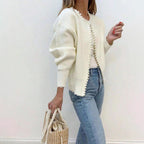 Women's Elegant Knit Cardigan with Pearl Embellishment