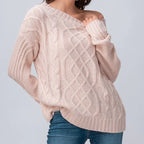 Women's Chunky Knit Sweater with Asymmetrical Neckline and Cable Pattern