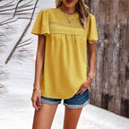 Women's Blouse with Puff Sleeves and Decorative Lace Trim