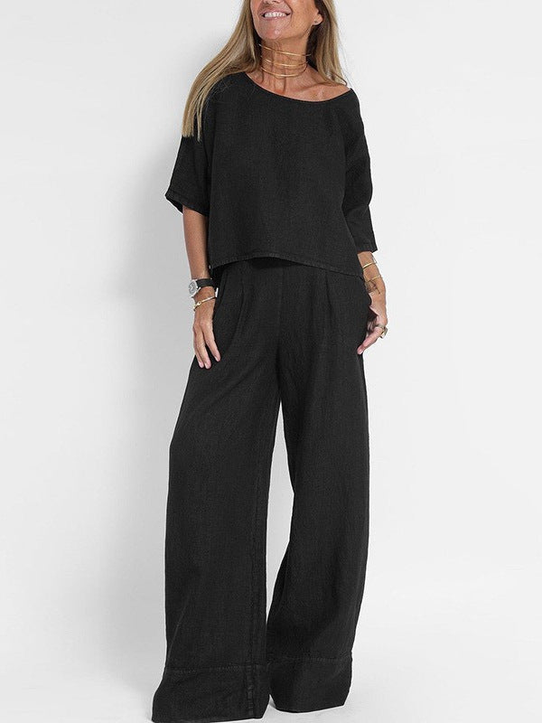 Women's Casual Linen Suit Set with Wide-Leg Pants and Cropped Top