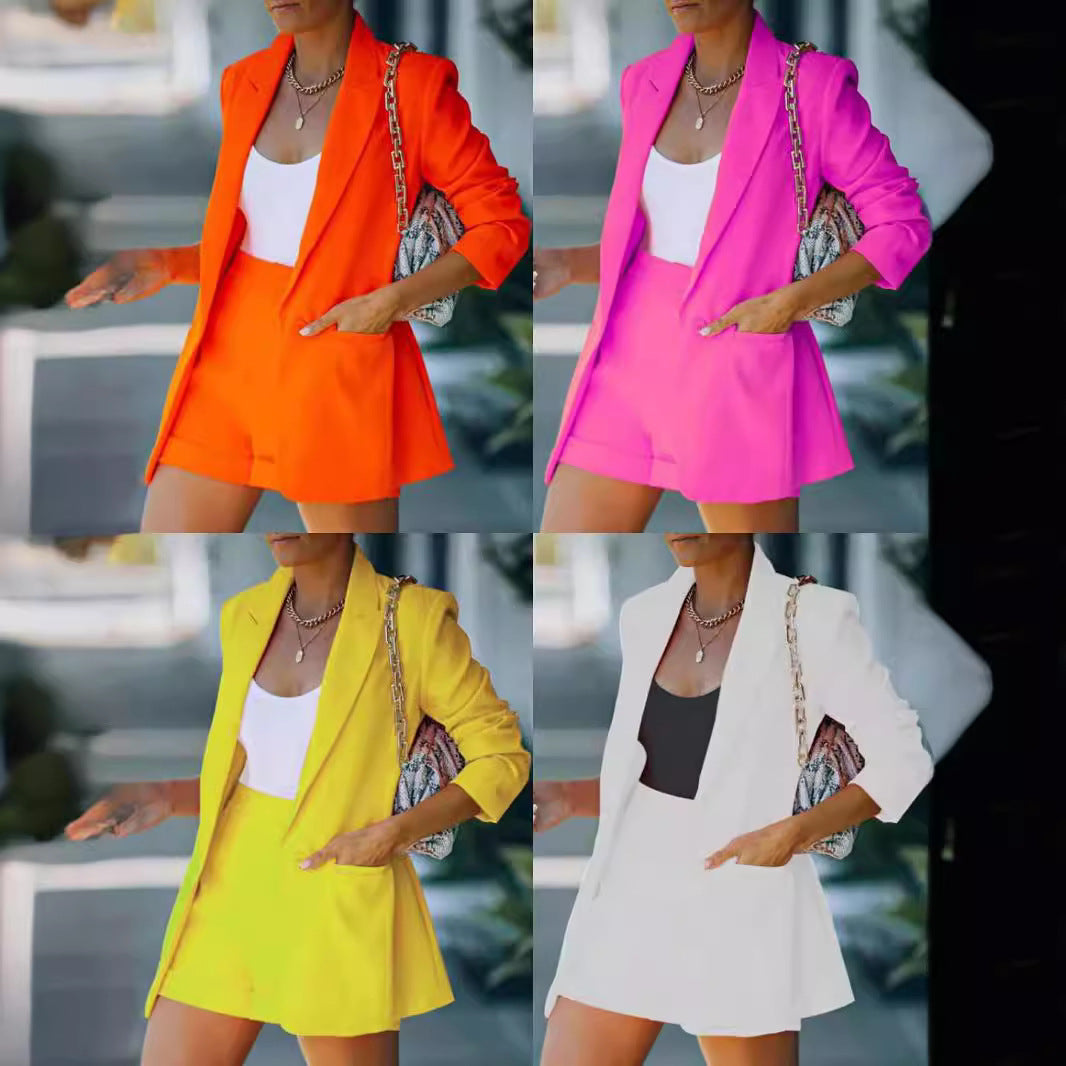 Women's Fitted Long Blazer and High-Waist Shorts Set