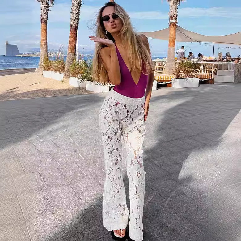 Women's Elegant Wide-Leg Lace Pants with Floral Details