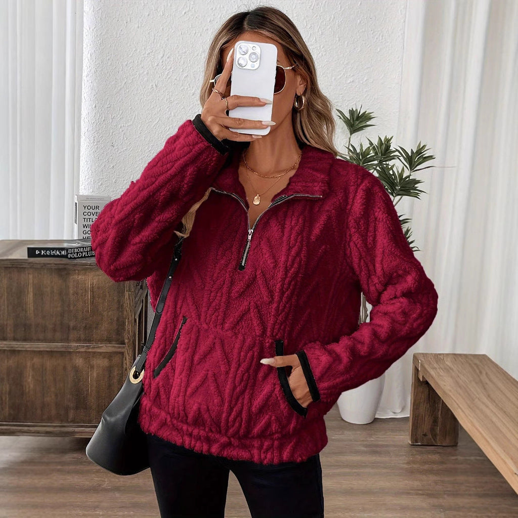 Women's Fluffy Teddy Sweater with High Collar and Pockets