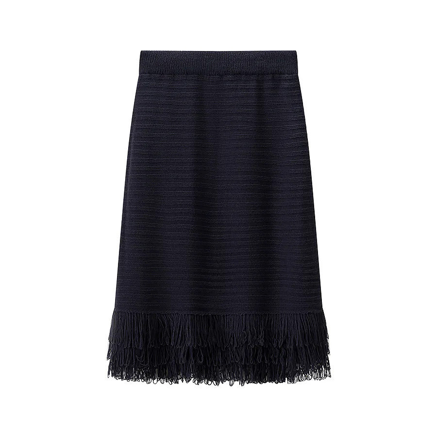 Women's Midi Skirt with Frayed Hem and Textured Design